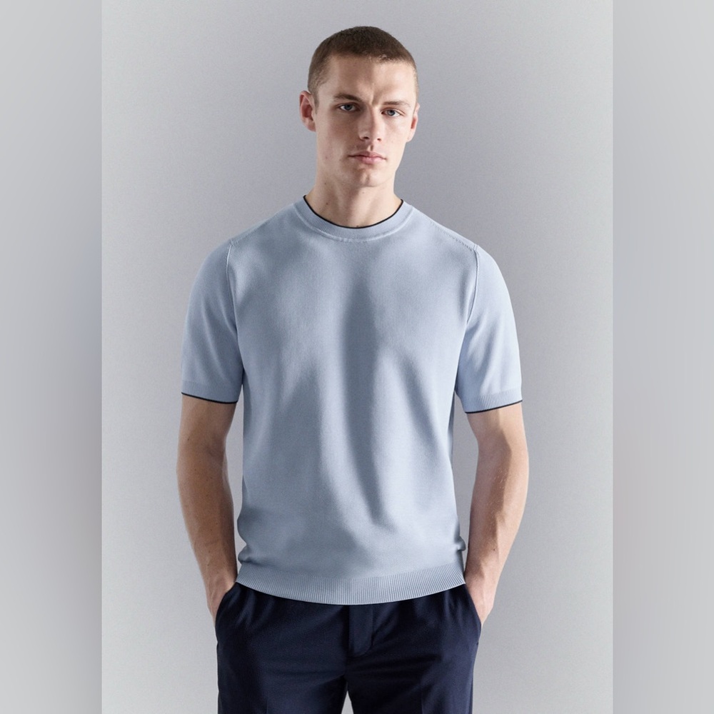 NWT MANGO Performance Combined Knitted T-Shirt in Sky Blue